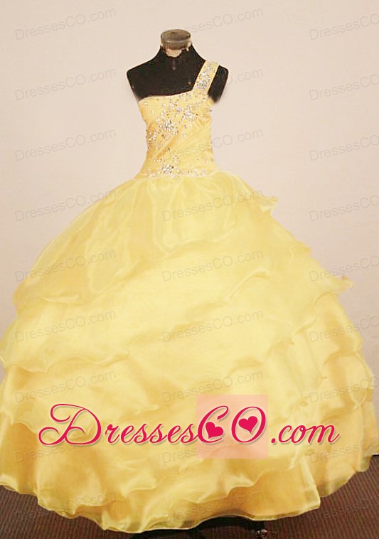 Custom Made Little Girl Pageant Dress One Shoulder Neck Long Yellow Ball Gown