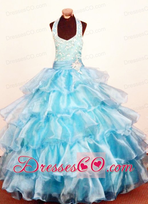 Modest Baby Blue Ruffled Layers Little Girl Pageant DressHalter Ball Gown Organza