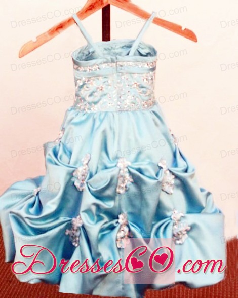 Beading Appliques Spaghetti Straps Little Girl Pageant DressWith Pick-ups Baby Blue
