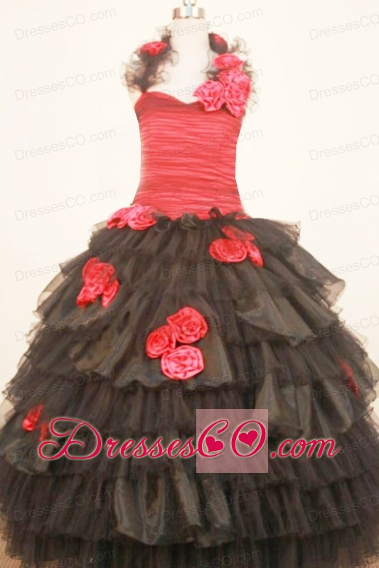 Modest Ruffled Layers Little Girl Pageant DressWith Halter Black and Red Hand Made Flowers