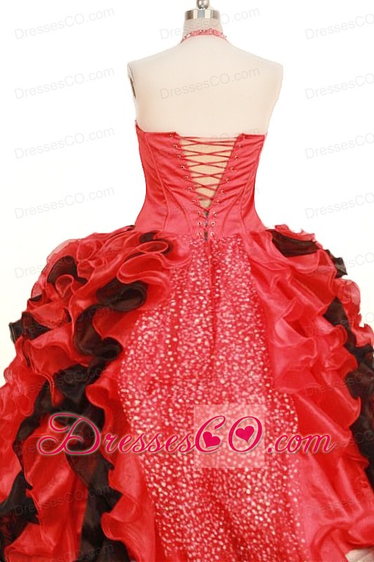 Fashionable Ruffles Little Girl Pageant DressBall Gown Halter Red In 2013