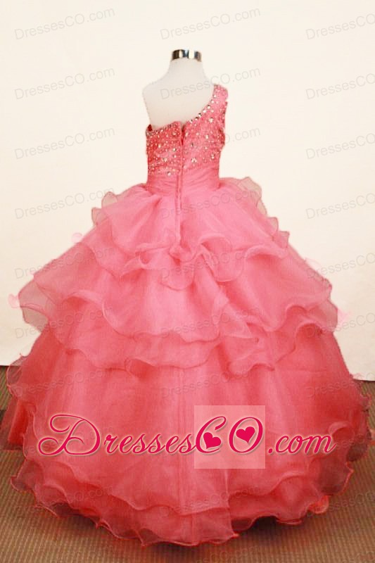 Elegant Watermelon Ruffled Layers Little Girl Pageant DressOne Shoulder Long