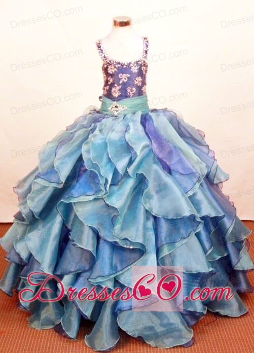 Elegant Ruffled Layers Little Girl Pageant DressSquare Neck Organza Long Ball Gown
