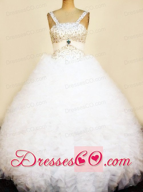 Pretty Ruffles Little Girl Pageant DressStraps Beaded Decorate Bust Long White