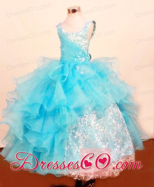 Fashionable Baby Blue Little Girl Pageant DressRuffled Layered Scoop Long Lace