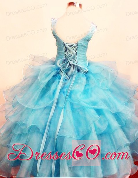 Fashionable Baby Blue Little Girl Pageant DressRuffled Layered Scoop Long Lace
