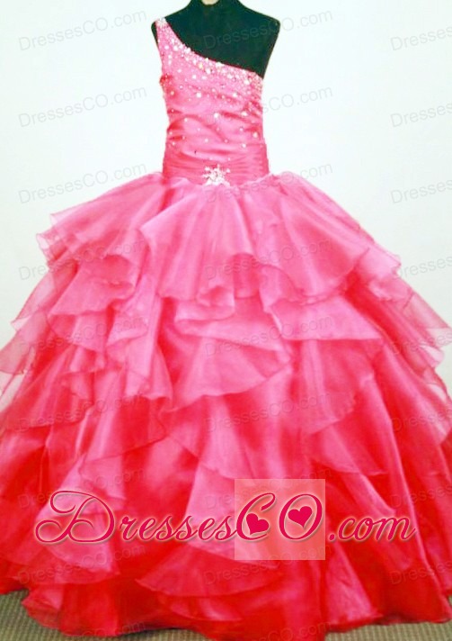 Lovely Beaded Decorate Bust One Shoulder Neck Ruffled Layers Coral Red Little Girl Pageant Dresses