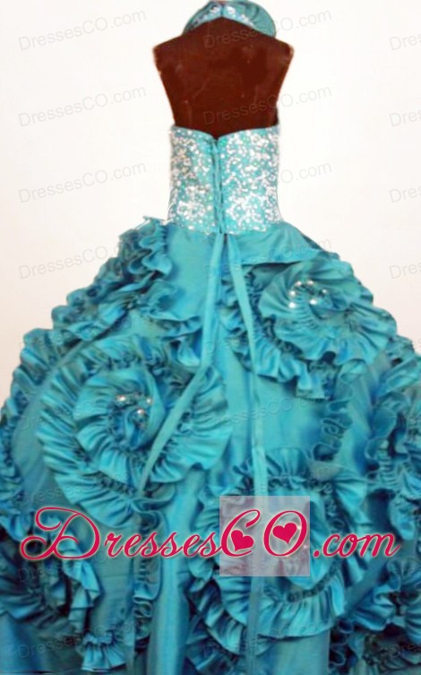 Perfect Little Girl Pageant DressTurquoise Halter Top Neck Ruffles Taffeta In 2013