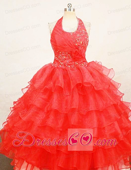 Beaded Red Halter Top Organza Little Girl Pageant DressWith Ruffles