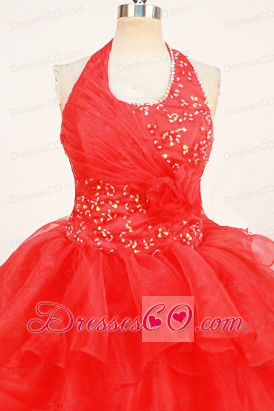 Beaded Red Halter Top Organza Little Girl Pageant DressWith Ruffles