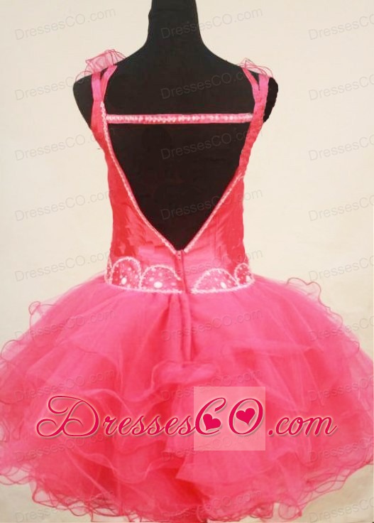 Custom Made Sweet Straps Mini-length Pink Organza Beaded Little Girl Pageant Dresses