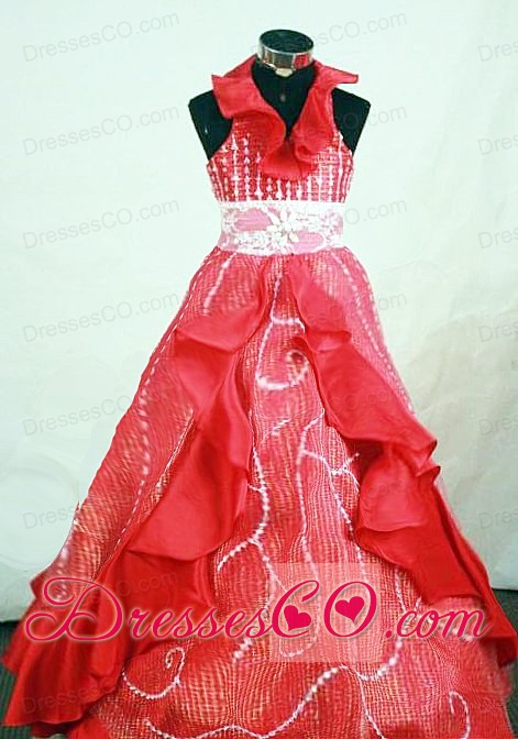 Customize Halter Top Red Organza Beaded Little Girl Pageant Dresses