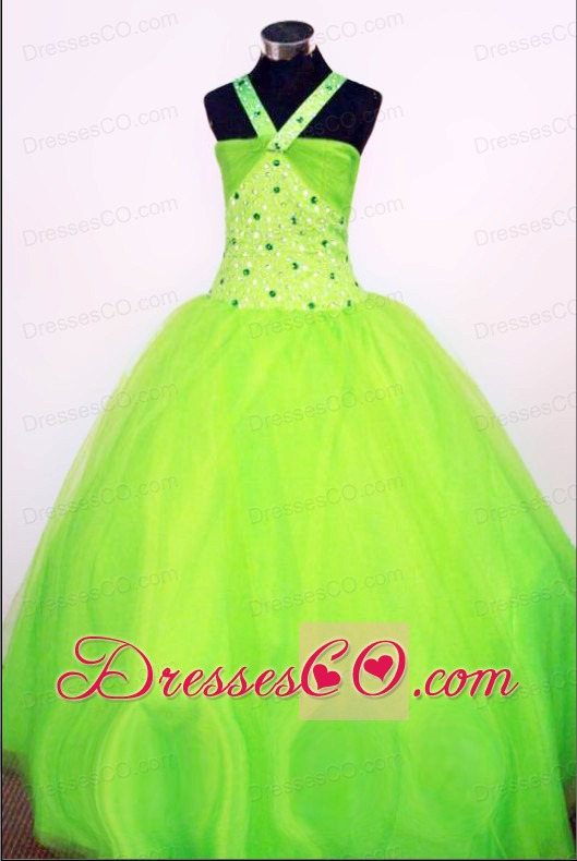 Sweet Ball Gown Halter Top Long Spring Green Beading Little Girl Pageant Dresses