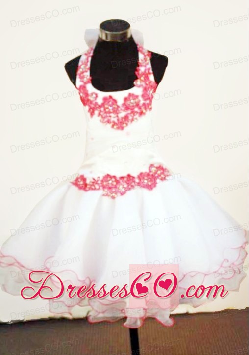 Halter Top Mini-length White Organza Little Girl Pageant DressWith Appliques
