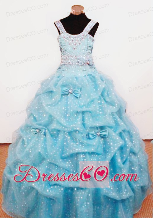 Bowknot Ball Gown Straps Aqua Blue Beading Little Girl Pageant DressFor Custom Made