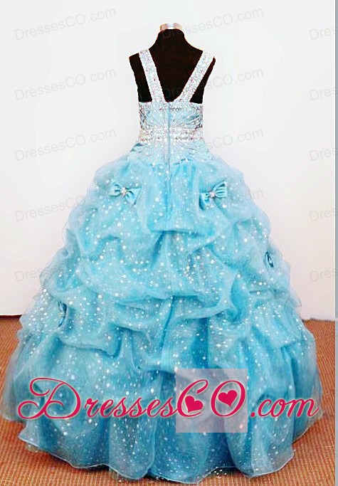 Bowknot Ball Gown Straps Aqua Blue Beading Little Girl Pageant DressFor Custom Made