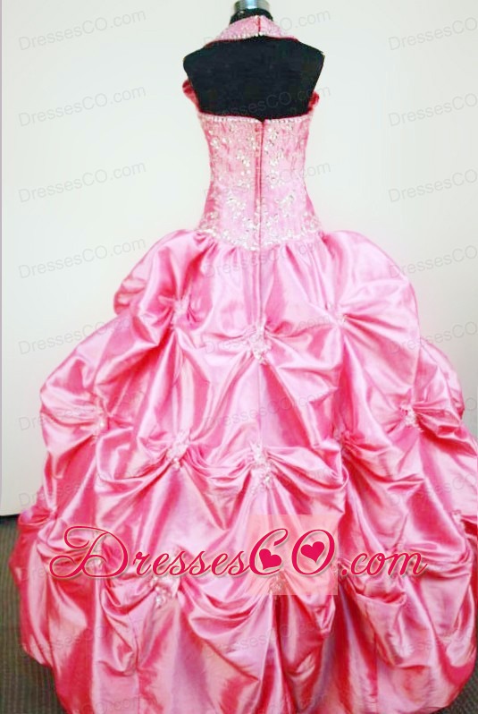 Pick-ups Straps Rose Pink Taffeta Beading Little Girl Pageant DressCustom Made