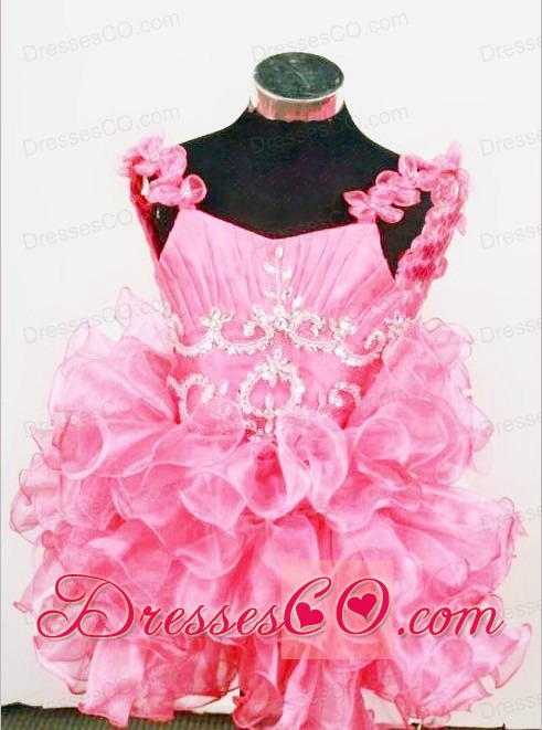 Cute A-line Straps Mini-length Hot Pink Organza Beading Little Girl Pageant Dresses