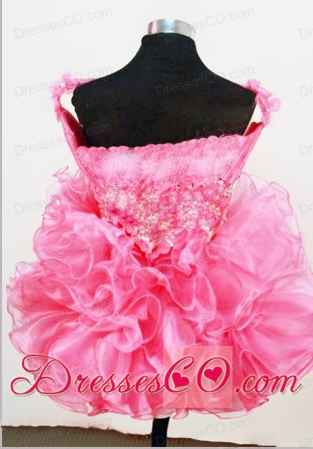 Cute A-line Straps Mini-length Hot Pink Organza Beading Little Girl Pageant Dresses
