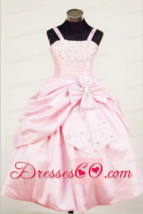 Bowknot Straps Baby Pink Taffeta Beading Little Girl Pageant DressFor Custom Made