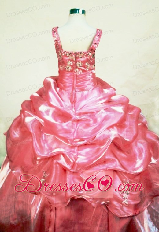 Hottest Appliques Straps Rose pink Organza Beading Little Girl Pageant Dresses