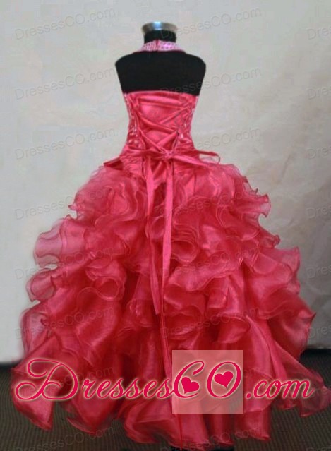 Sweet A-Line Halter Top Red Organza Beading Little Girl Pageant DressCustom Made
