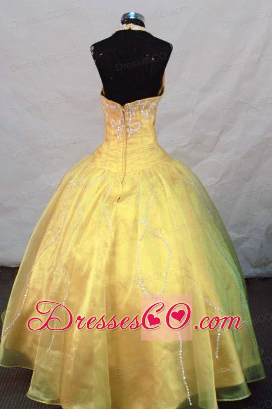 Yellow Halter Top Appliques Little Girl Pageant DressWith Organza Hottest