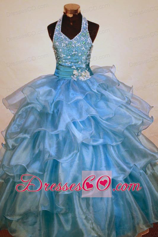 Beaded Decorate Shoulder Halter Top Light Blue Organza Beading Little Girl Pageant Dresses