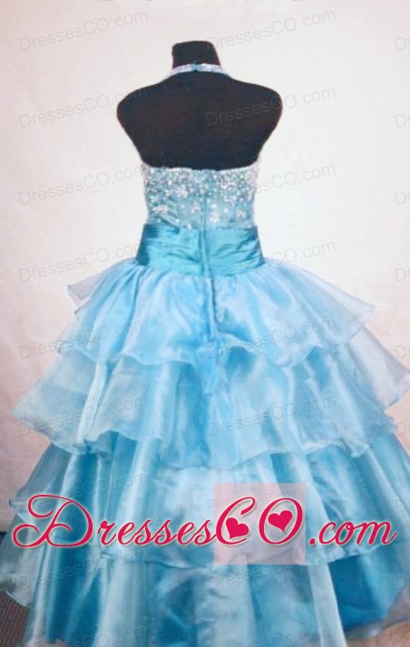 Custom Made Ball Gown Halter Top Beading Little Girl Pageant DressLight Blue Organza