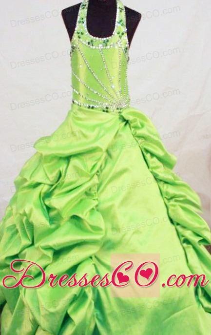 Yellow Green Taffeta Beading Little Girl Pageant DressWith Halter Top