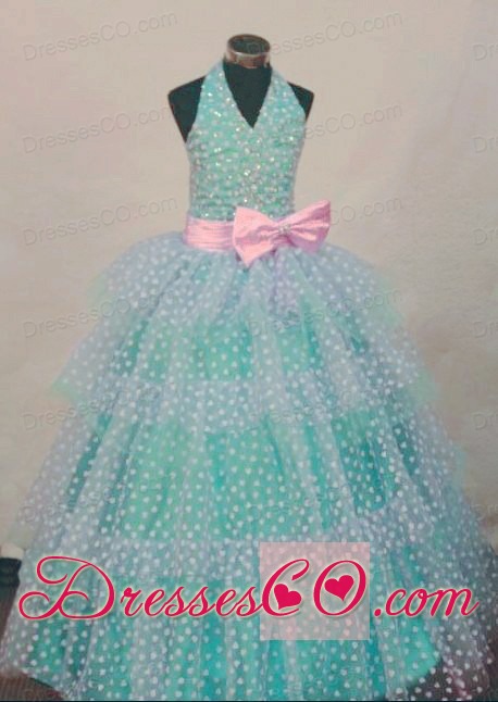 Bowknot Ball Gown Halter Top Turquoise And White Beading Little Girl Pageant DressHottest