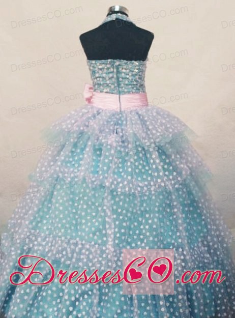 Bowknot Ball Gown Halter Top Turquoise And White Beading Little Girl Pageant DressHottest