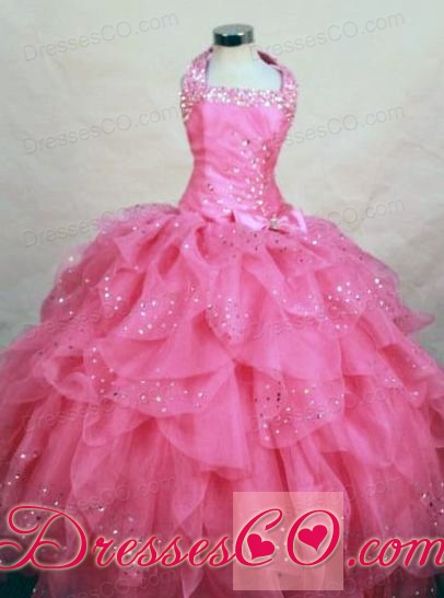 Wonderful Halter Top Hot Pink Organza Beading Little Girl Pageant Dresses