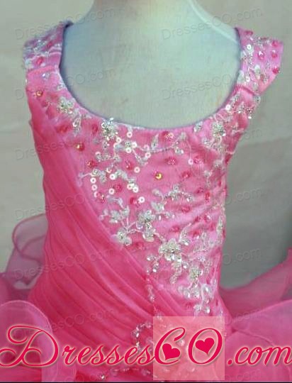 Scoop Pink Organza Appliques Little Girl Pageant DressFor Custom Made