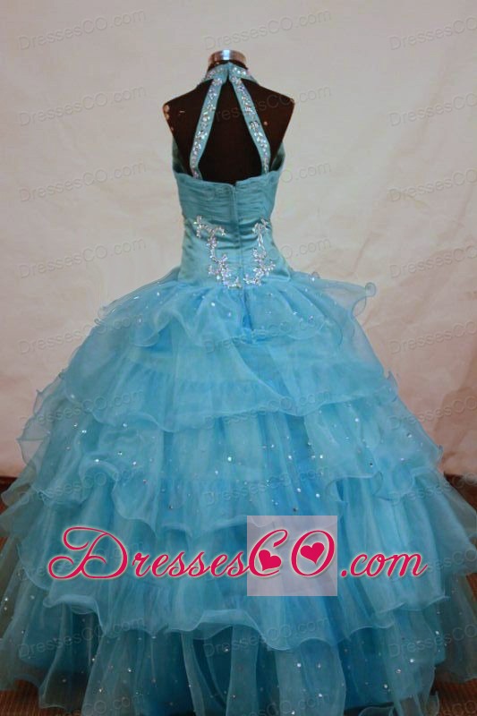 Romantic Straps Long Aqua Blue Organza Beading Little Girl Pageant Dresses