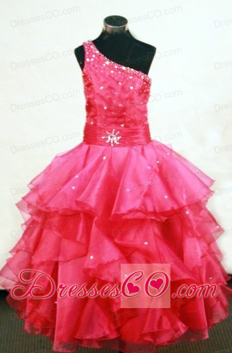 Beading Lovely One Shoulder Long Coral Red Little Girl Pageant Dresses