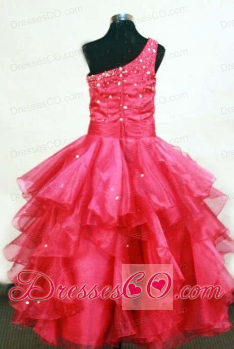 Beading Lovely One Shoulder Long Coral Red Little Girl Pageant Dresses