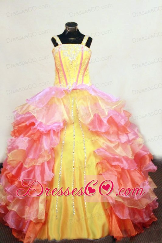 Ruffles Layer Ball Gown Lovely Straps Long Multi-colored Beading Little Girl Pageant Dresses
