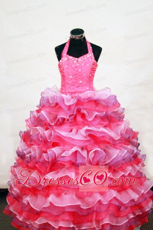 Luxurious Layer Halter Long Multi-colored Beading Little Girl Pageant DressBall Gown