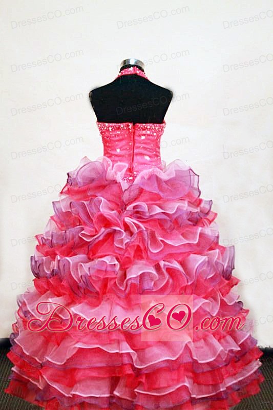 Luxurious Layer Halter Long Multi-colored Beading Little Girl Pageant DressBall Gown