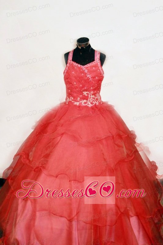 Beading And Appliques Straps Ball Gown Long Red Little Girl Pageant Dresses
