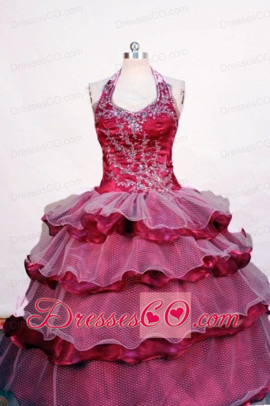 Beading And Layer Luxurious Fuchsia Ball Gown Halter Long Little Girl Pageant Dresses