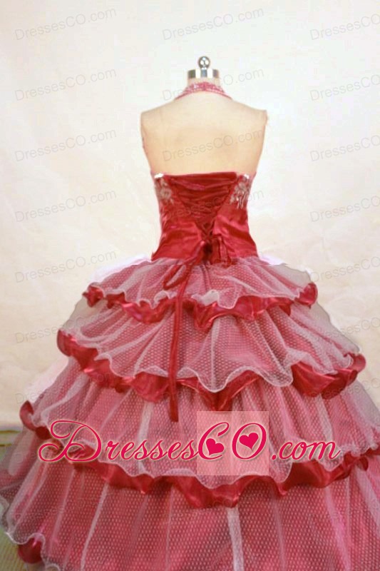 Beading And Layer Luxurious Fuchsia Ball Gown Halter Long Little Girl Pageant Dresses