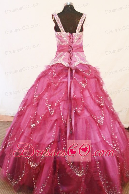 Beading Square Elegant Tulle Ball Gown Little Girl Pageant DressLong Fuchsia