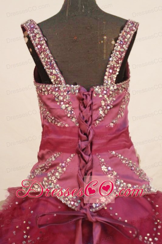 Beading Square Elegant Tulle Ball Gown Little Girl Pageant DressLong Fuchsia