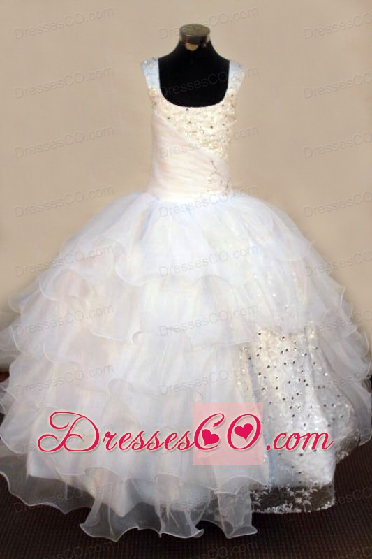 Exquisite Beading Organza Ball Gown White Square Long White Little Girl Pageant Dresses
