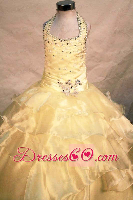 Exquisite Beading Ball Gown Halter Organza Yellow Long Little Girl Pageant Dresses
