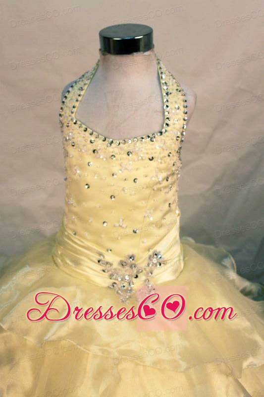 Exquisite Beading Ball Gown Halter Organza Yellow Long Little Girl Pageant Dresses