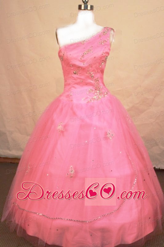Romantic Ball Gown One Shoulder Long Tulle Pink Beading Little Girl Pageant Dresses