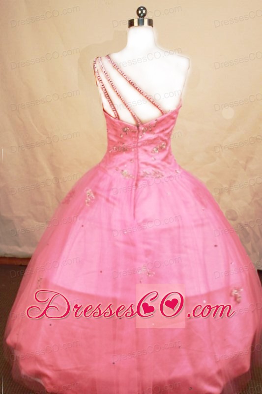 Romantic Ball Gown One Shoulder Long Tulle Pink Beading Little Girl Pageant Dresses